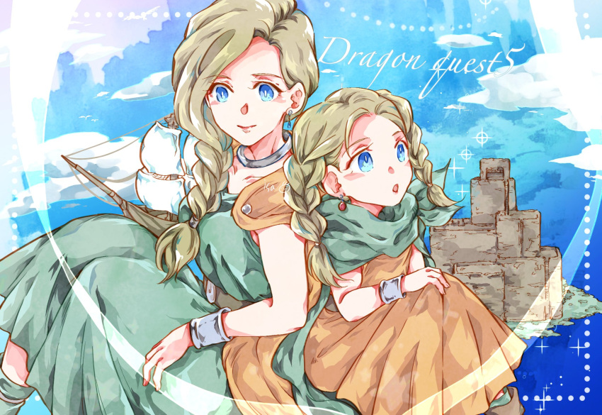 2girls, age_progression, bianca_(dq5), blonde_hair, blue_eyes, bracer, braid, cape
