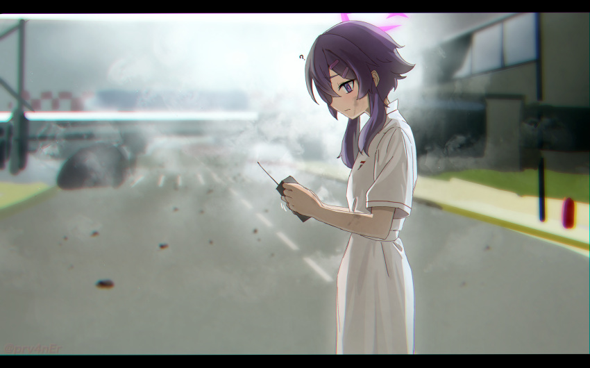 1girl, ?, absurdres, alternate_costume, batman_(series), blue_archive, blurry, blurry_background, dc_comics, dress, from_side, halo, haruka_(blue_archive), highres, holding_detonator, mogurii, nurse, parody, purple_hair, purple_halo, short_hair_with_long_locks, solo, solo_focus, the_dark_knight, violet_eyes, white_dress