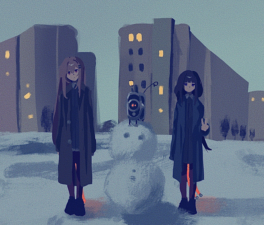 2girls, arms_at_sides, black_hair, black_leggings, building, coat, dress, expressionless