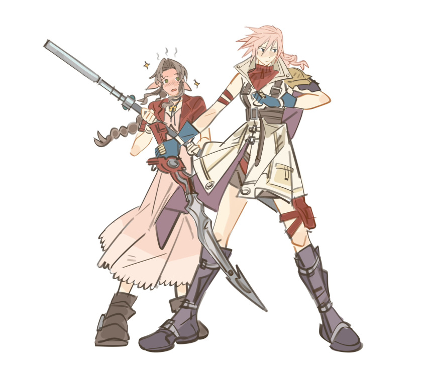 2girls, aerith_gainsborough, armband, blush, boots, braid, braided_ponytail, breasts