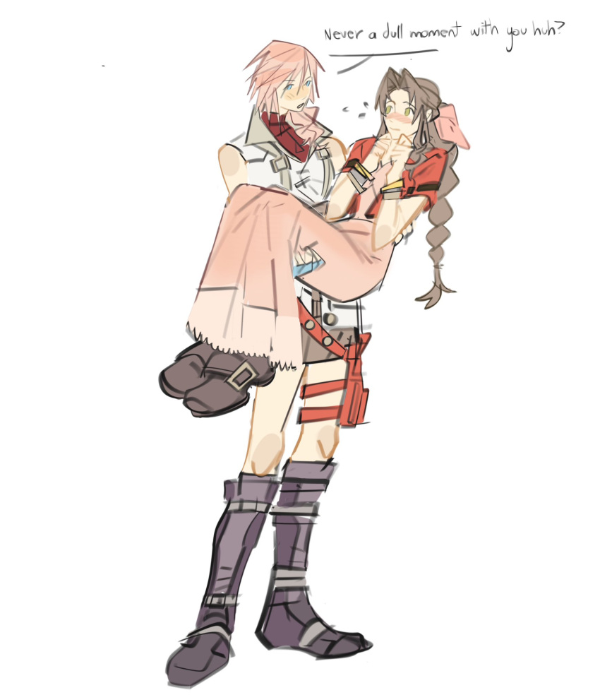 2girls, aerith_gainsborough, aqua_eyes, bare_shoulders, blush, boots, braid, braided_ponytail