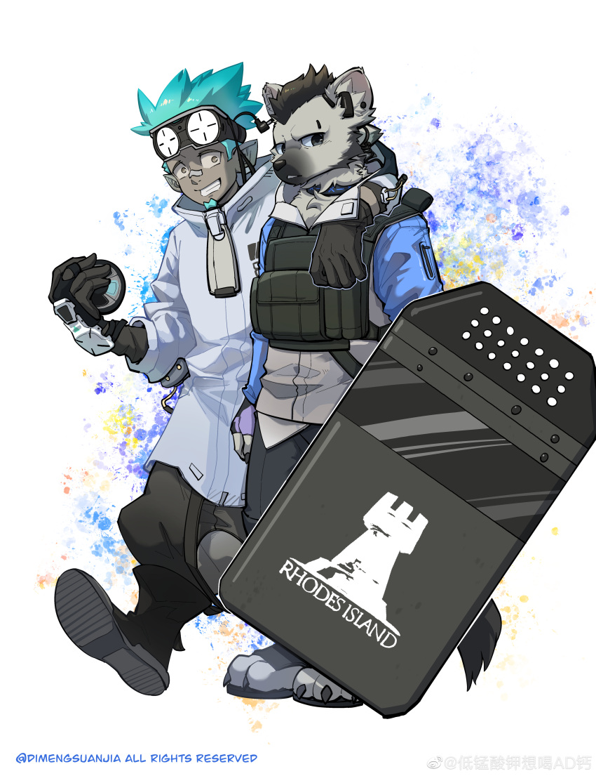 2boys, absurdres, animal_ear_fluff, arknights, artist_name, black_footwear, black_hair, black_pants