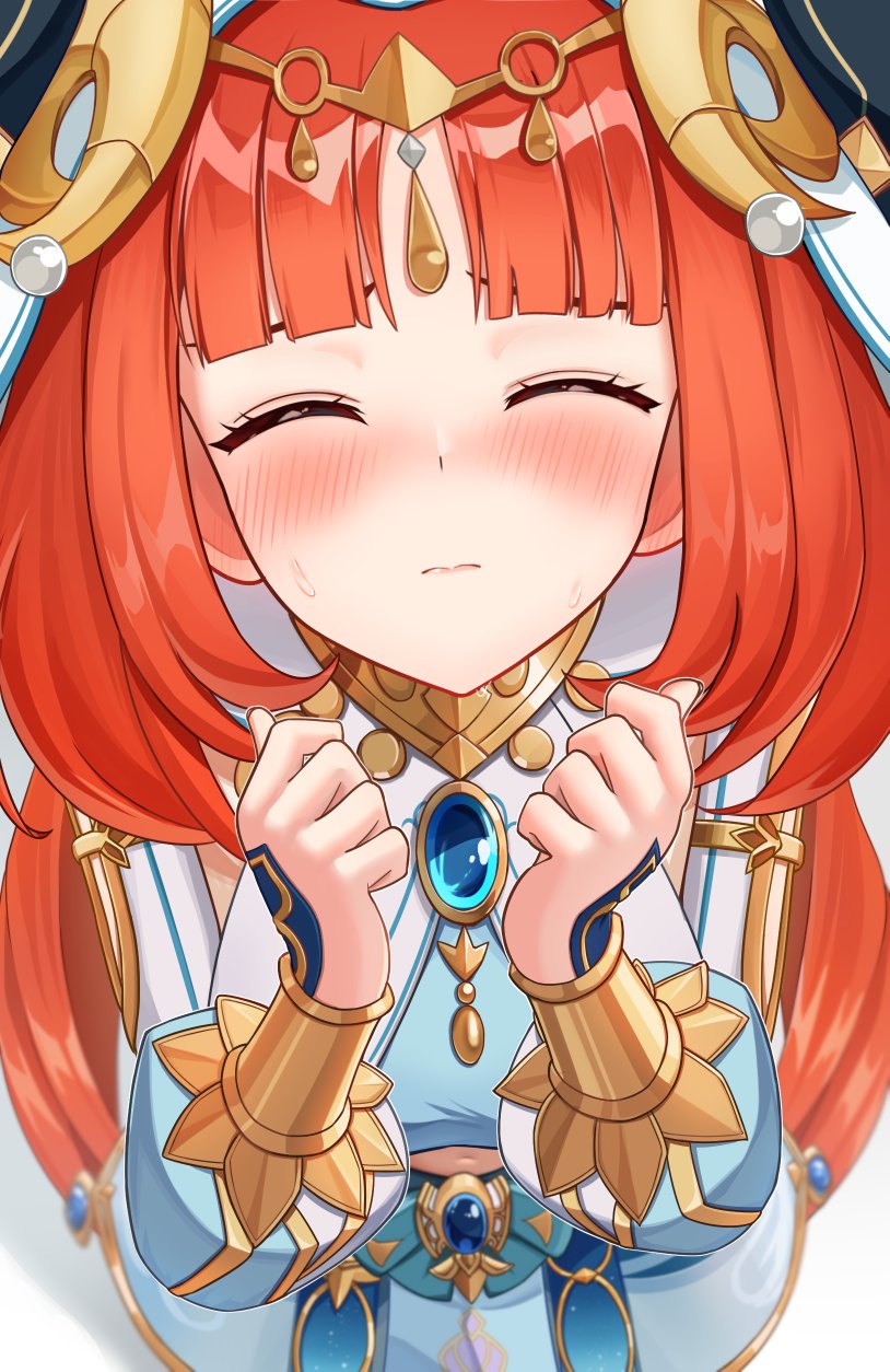 1girl, ^_^, blue_gemstone, blue_skirt, blush, check_commentary, closed_eyes, closed_mouth