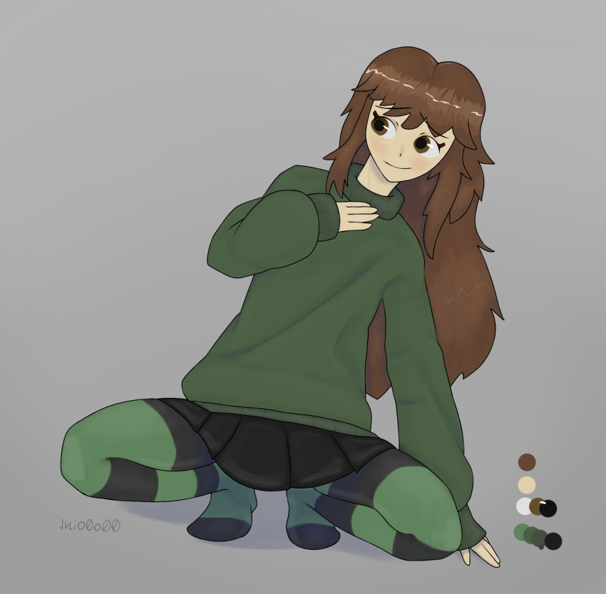 absurdres, black_skirt, brown_eyes, brown_hair, colored_skin, crossdressing, green_sweater, highres, julio, julio0o00, original, otoko_no_ko, skirt, socks, sweater, white_skin