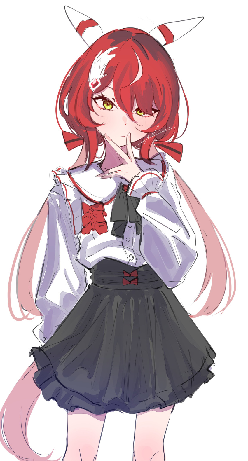 1girl, :/, absurdres, animal_ears, arlcn_(arlcn_1115), black_skirt, collared_shirt, ear_covers
