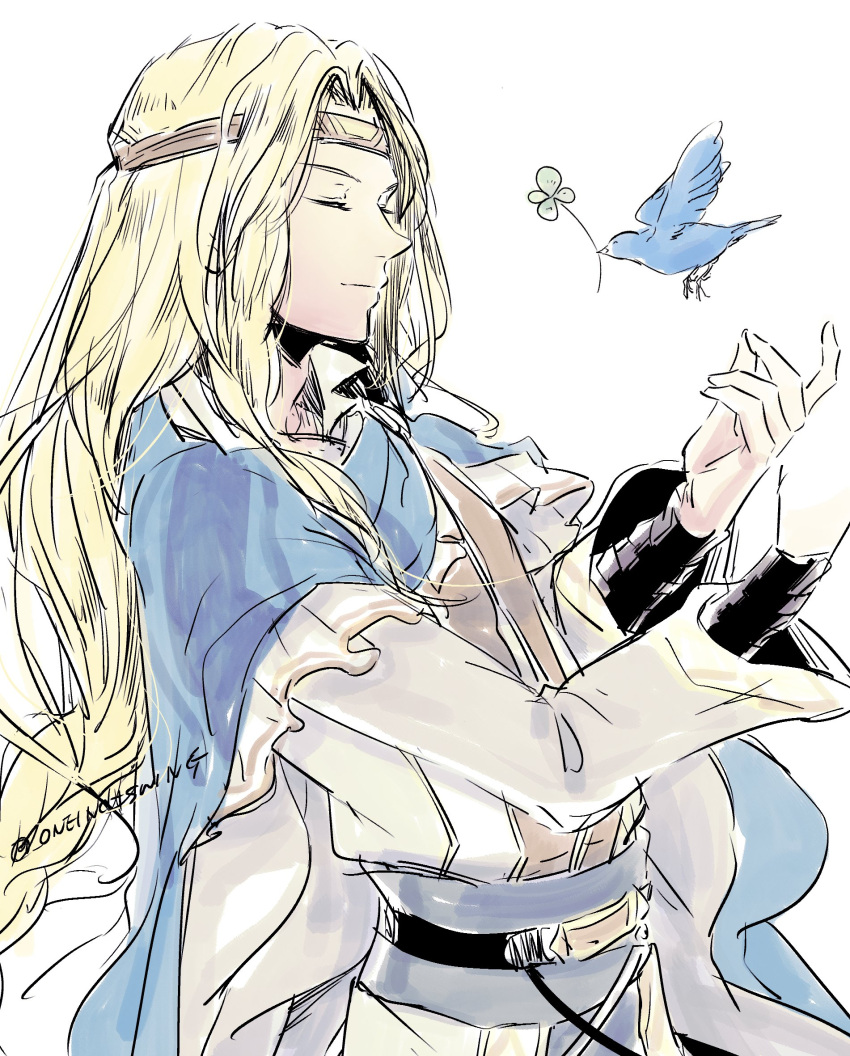 1boy, bird, blonde_hair, blue_bird, blue_cape, cape, circlet, closed_eyes, commentary_request, elffin_(fire_emblem), fire_emblem, fire_emblem:_the_binding_blade, highres, long_hair, male_focus, simple_background, twitter_username, umi_(_oneinchswing), very_long_hair, white_background