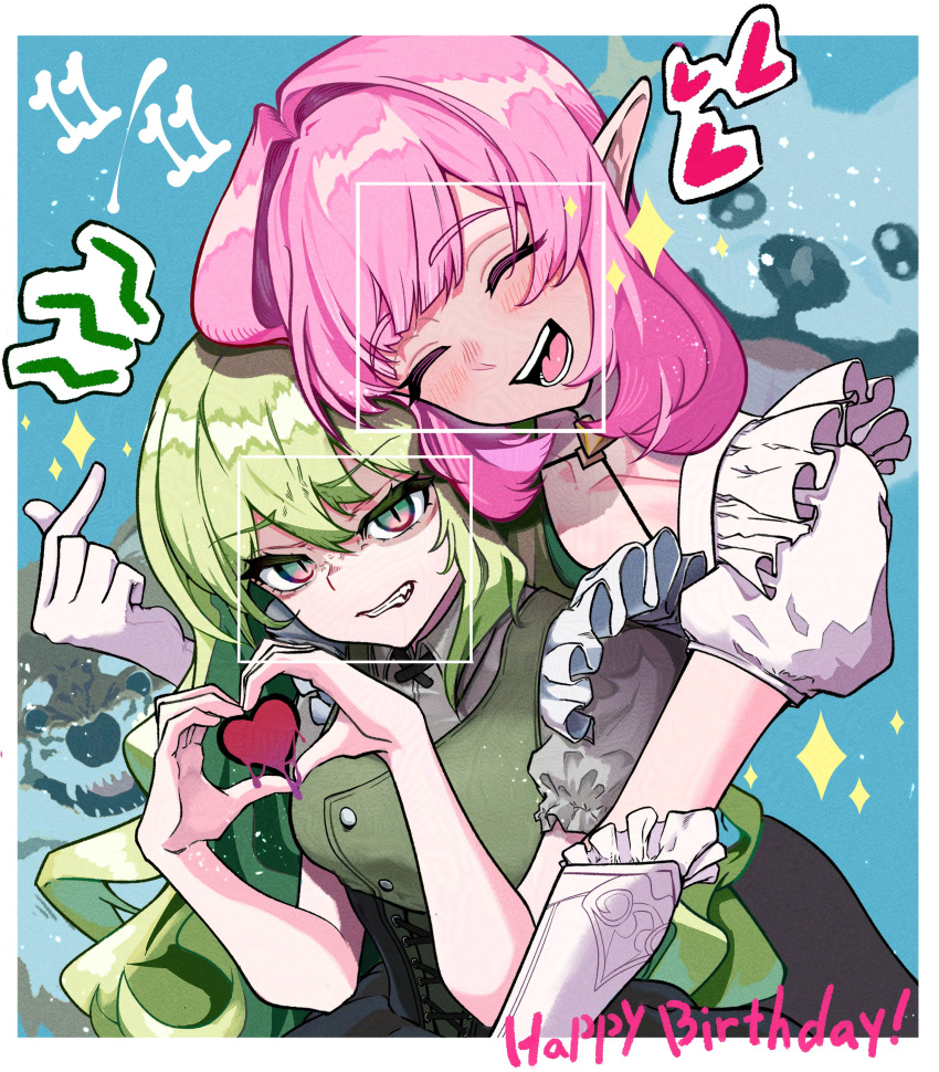2girls, absurdres, apron, birthday, blue_background, blush, border, clenched_teeth, closed_eyes, commentary_request, dated, elf, elysia_(honkai_impact), finger_heart, frilled_apron, frills, green_eyes, green_hair, happy_birthday, heart, heart_hands, highres, honkai_(series), honkai_impact_3rd, mobius_(honkai_impact), multiple_girls, open_mouth, pink_eyes, pink_hair, pointy_ears, puffy_short_sleeves, puffy_sleeves, short_sleeves, slit_pupils, smile, teeth, two-tone_eyes, white_border, yu_da_yu_da