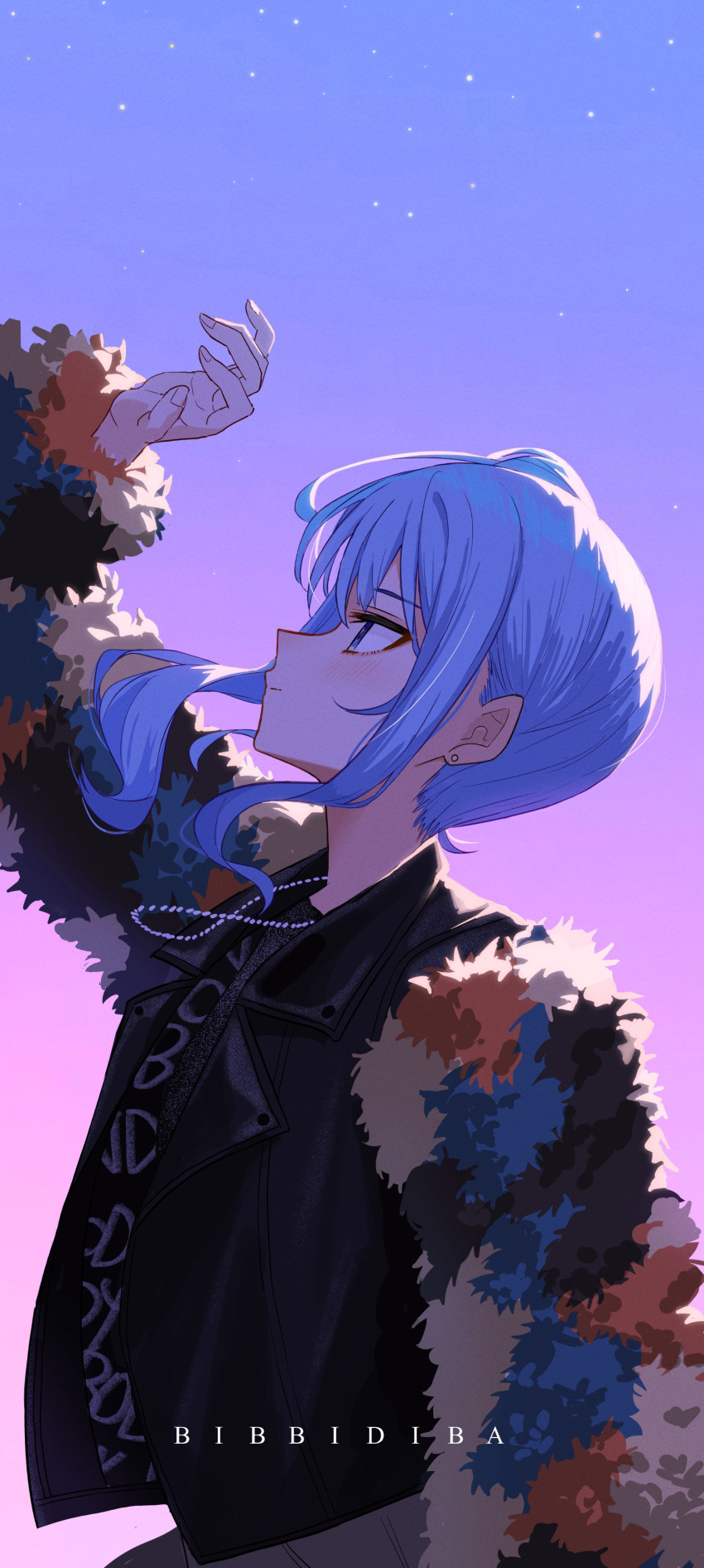 1girl, absurdres, arm_up, bead_necklace, beads, bibbidiba_(hololive), blue_eyes, blue_hair