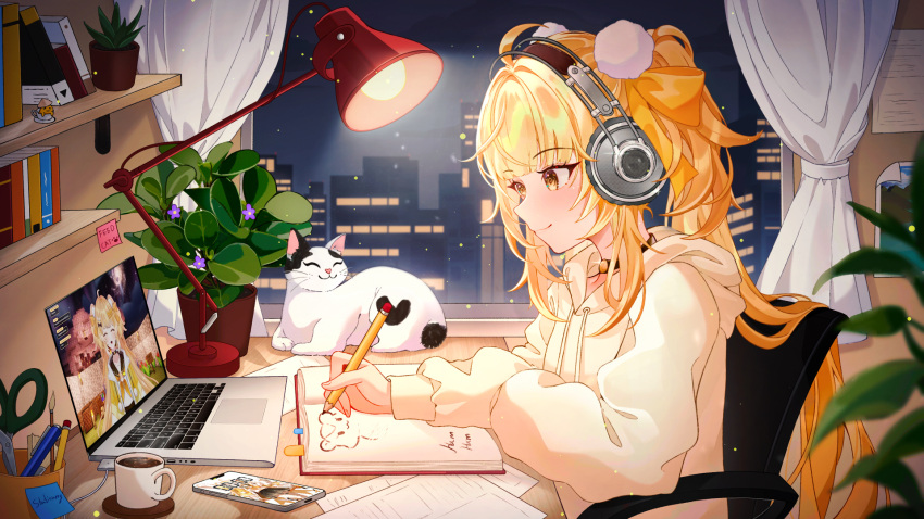 artist_request, blonde_hair, book, bookshelf, cat, cellphone, check_artist, city