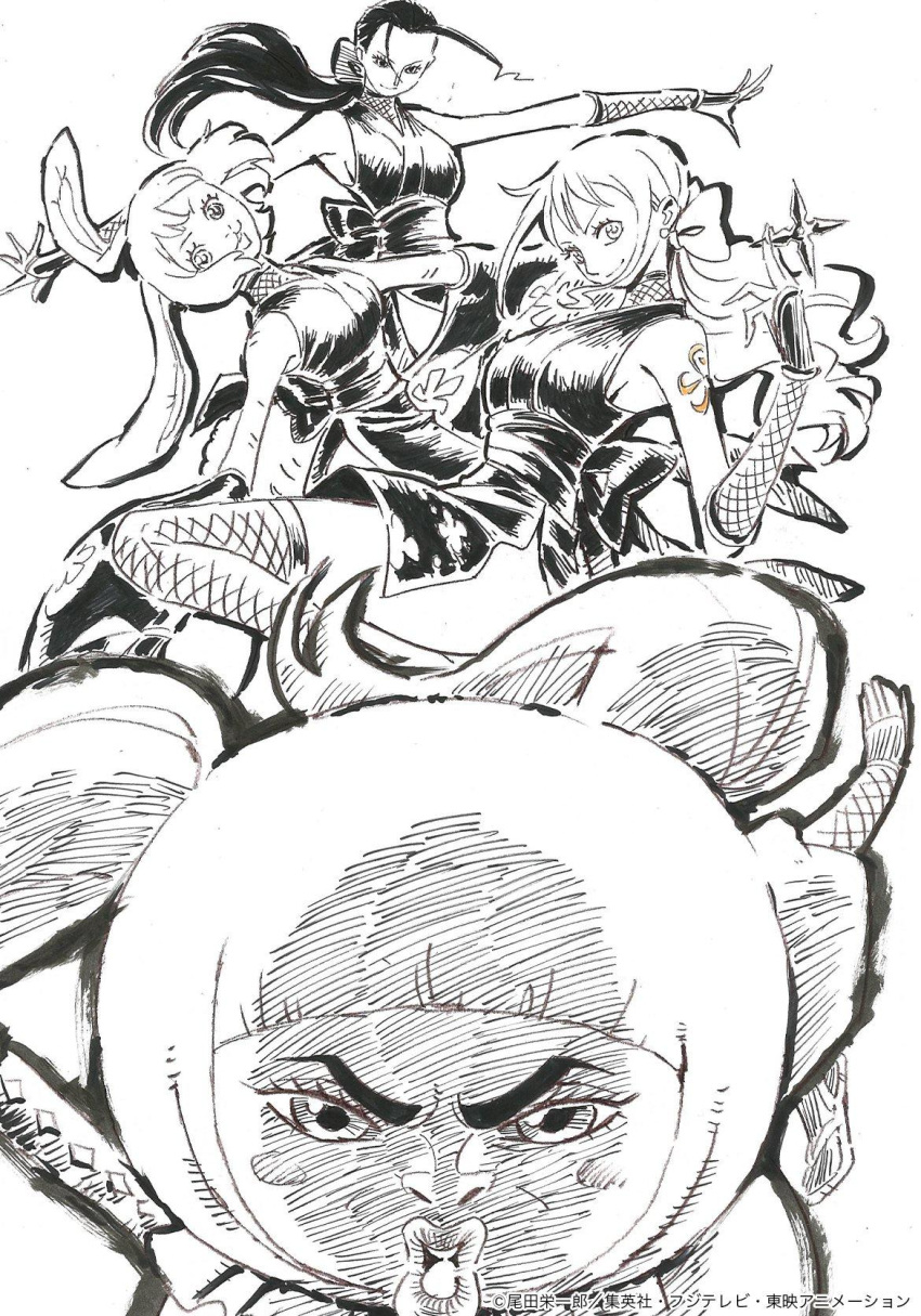 4girls, animal_ears, arm_tattoo, blush_stickers, carrot_(one_piece), commentary, eyelashes, greyscale