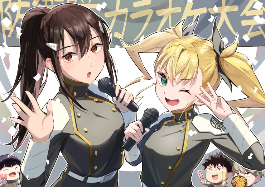 2girls, 3boys, ashiro_mina, black_hair, black_ribbon, blonde_hair, breasts, closed_eyes, confetti, green_eyes, hibino_kafka, highres, hoshina_soshiro, ichikawa_reno, kaijuu_no._8, long_sleeves, medium_breasts, microphone, military_uniform, multiple_boys, multiple_girls, nonono_(1399900), one_eye_closed, open_mouth, ponytail, red_eyes, ribbon, shinomiya_kikoru, short_hair, short_twintails, spiky_hair, twintails, v-shaped_eyebrows, w