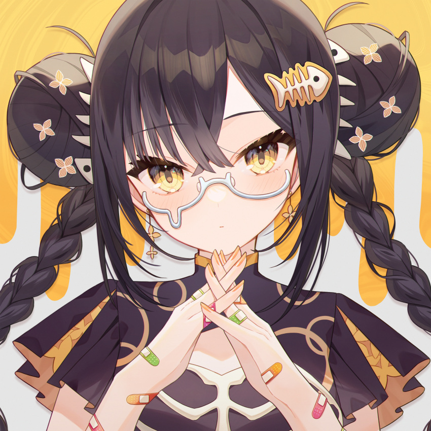 1girl, bandaid, bandaid_on_arm, bandaid_on_hand, black_dress, black_hair, blush, braid, closed_mouth, commentary_request, double_bun, dress, fish_skeleton_hair_ornament, glasses, grey-framed_eyewear, hair_between_eyes, hair_bun, highres, interlocked_fingers, long_hair, looking_at_viewer, minasenagi, nail_polish, orange_nails, original, parted_bangs, semi-rimless_eyewear, short_sleeves, solo, teardrop-framed_glasses, twin_braids, twintails, under-rim_eyewear, upper_body, wide_sleeves, yellow_eyes