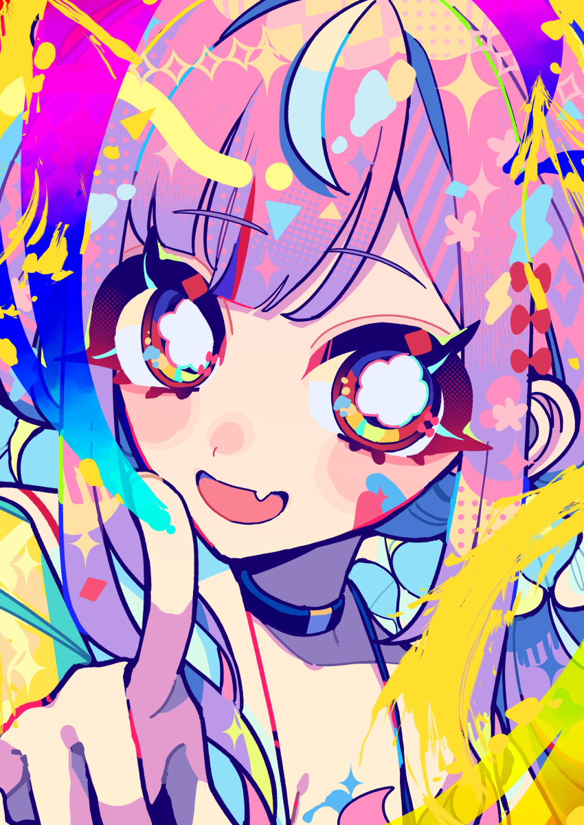 1girl, absurdres, black_choker, choker, close-up, collarbone, commission, fang, flower-shaped_pupils, hairband, head_tilt, highres, index_finger_raised, long_hair, looking_at_viewer, mochi_(buchumi10), mono_monet, open_mouth, purple_hair, sidelocks, skeb_commission, skin_fang, solo, symbol-shaped_pupils, twintails, v4mirai, white_hairband, yellow_eyes