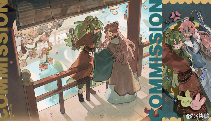 2girls, absurdres, angry, aqua_eyes, architecture, banbi, cheek_pinching, chinese_clothes