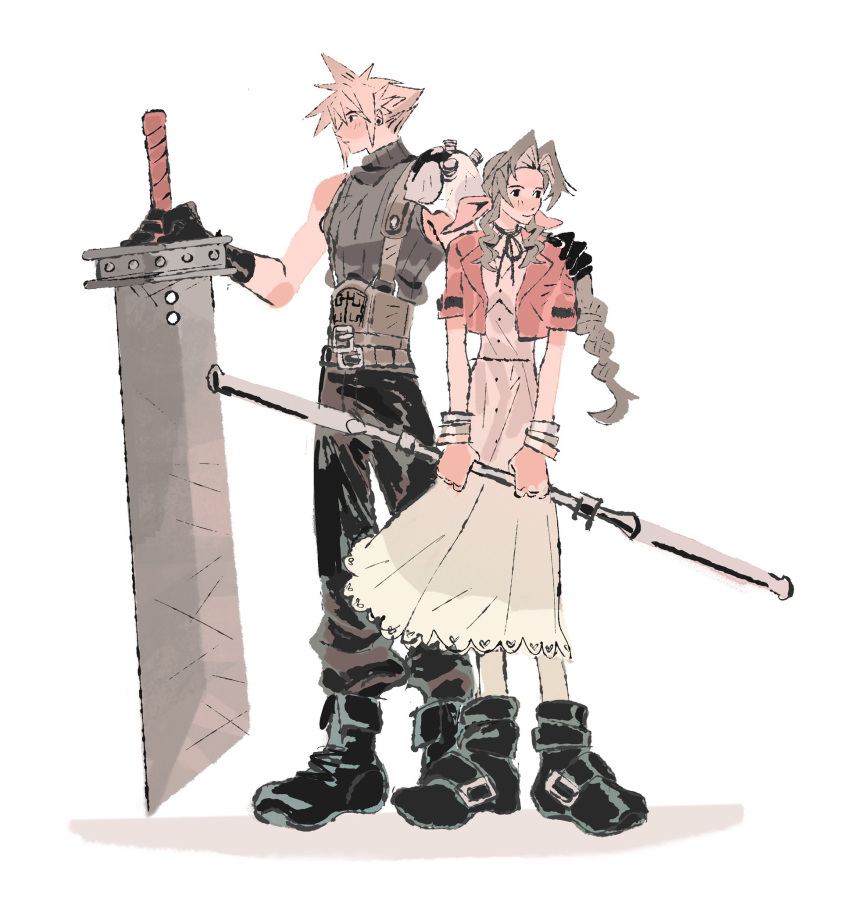 1boy, 1girl, aerith_gainsborough, arm_around_shoulder, armor, baggy_pants, bangle, belt