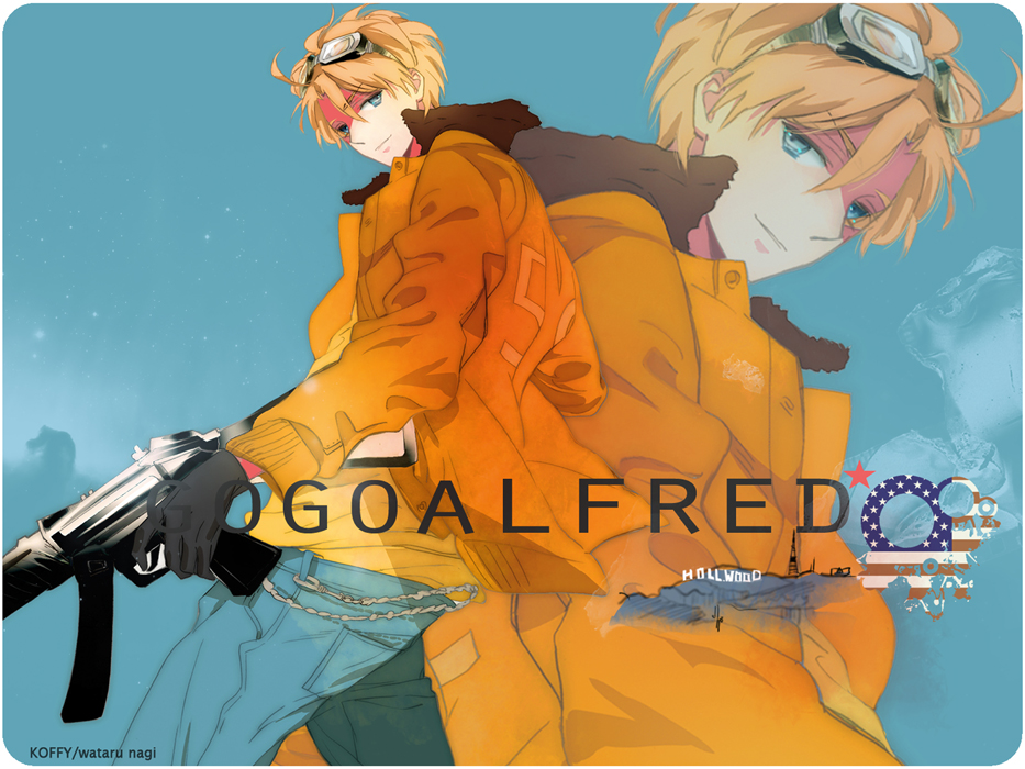 1boy, ahoge, america_(hetalia), american_flag, artist_name, assault_rifle, axis_powers_hetalia, black-framed_eyewear