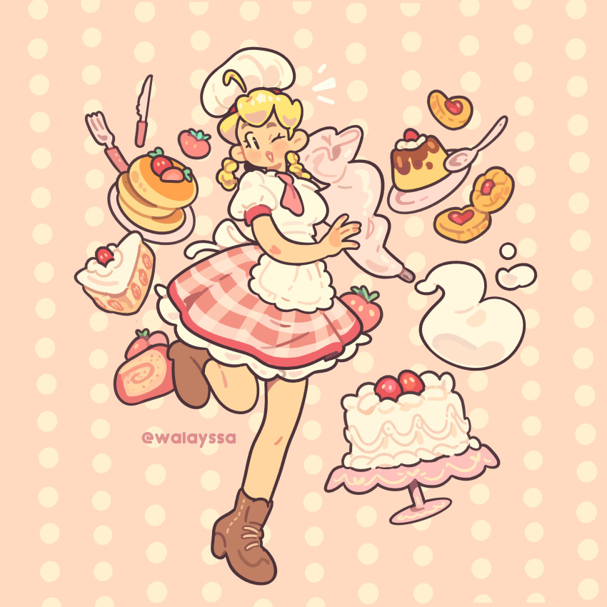 1girl, absurdres, ahoge, apron, blonde_hair, blush, boots, braid