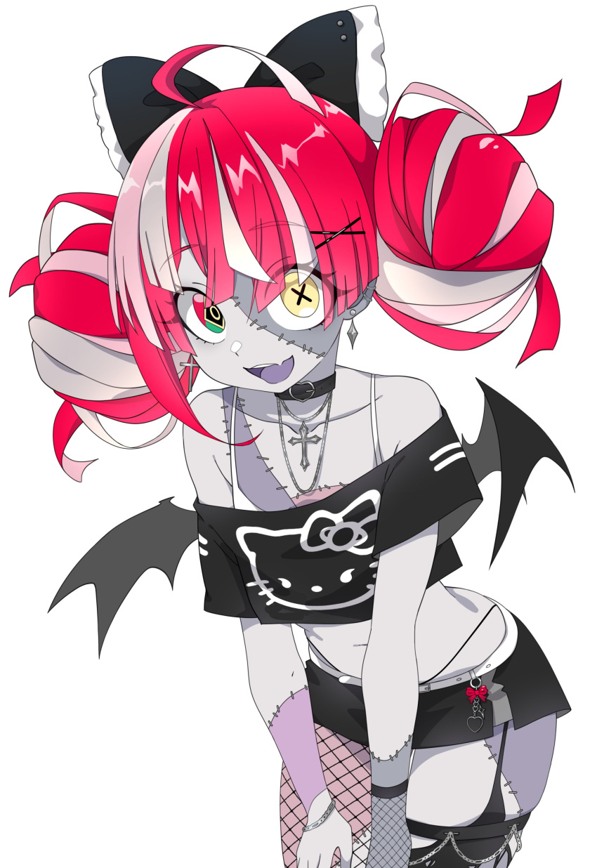 1girl, :d, absurdres, ahoge, alternate_costume, bat_wings, bow, breasts, charm_(object), choker, colored_tongue, crop_top, cross, cross_necklace, fang, fishnets, hair_between_eyes, hair_ornament, hair_ribbon, hairclip, heart, heart_choker, hello_kitty, highres, hololive, hololive_indonesia, jewelry, kureiji_ollie, leaning_forward, looking_at_viewer, medal, multicolored_hair, navel, necklace, nekoromancer, open_mouth, purple_tongue, redhead, ribbon, sanrio, simple_background, skin_fang, small_breasts, smile, solo, stitches, streaked_hair, symbol-shaped_pupils, virtual_youtuber, white_background, wings, x_hair_ornament, zombie