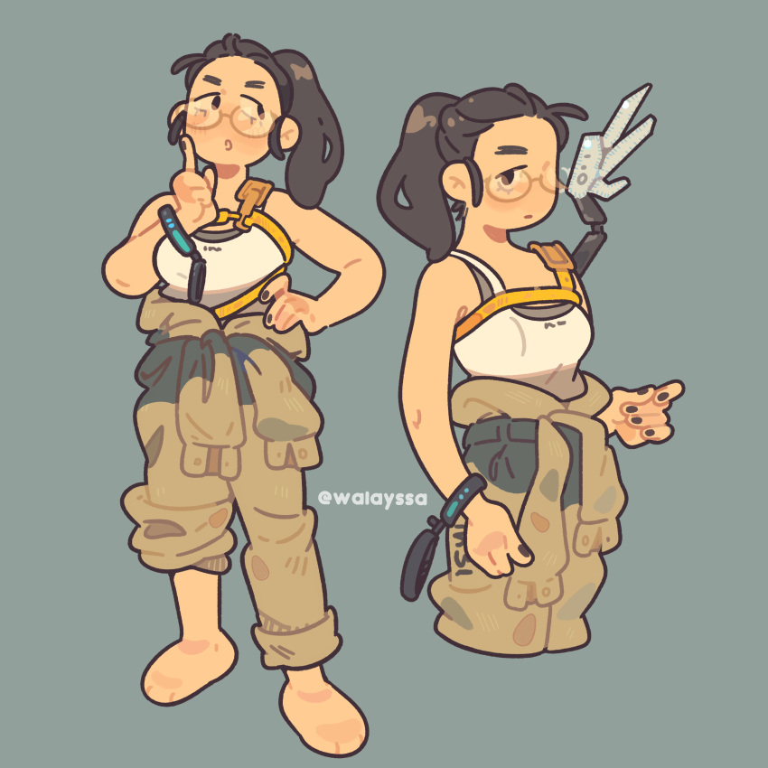 1girl, absurdres, bare_shoulders, barefoot, black_hair, black_nails, brown_eyes, camisole, chest_harness, clothes_around_waist, cropped_legs, cuffs, death_stranding, finger_to_cheek, full_body, glasses, grey_background, hand_on_own_hip, handcuffs, harness, highres, jacket, jacket_around_waist, khaki_pants, long_hair, mama_(death_stranding), multiple_views, nail_polish, pants, pants_rolled_up, parted_lips, ponytail, twintails, walayssa, white_camisole