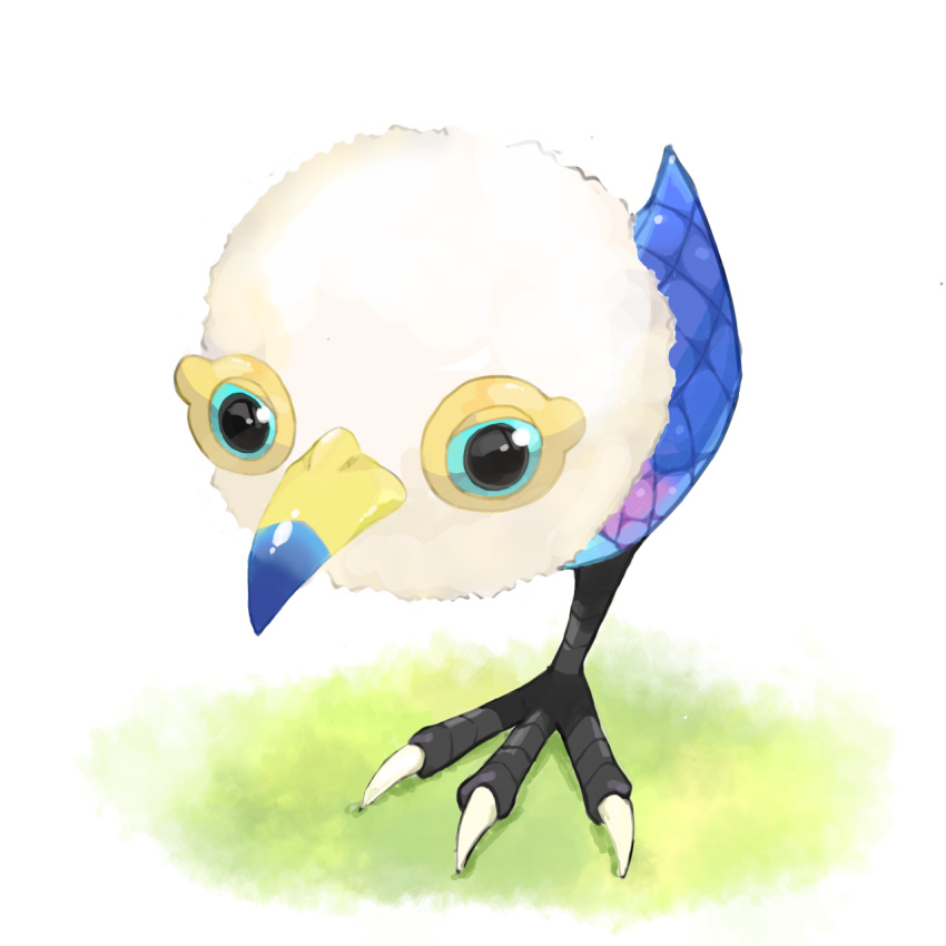 beak, blue_eyes, chikin_(toritoritori09), commentary_request, creature_focus, downy_snagret, grass, highres, looking_ahead, no_humans, pikmin_(series), solo, standing, white_background