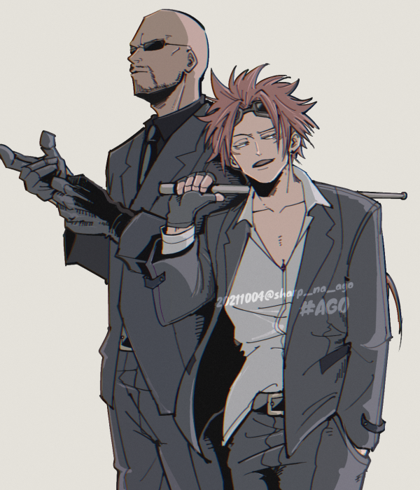 2boys, adjusting_clothes, adjusting_gloves, bald, baton_(weapon), belt, belt_buckle, black_belt