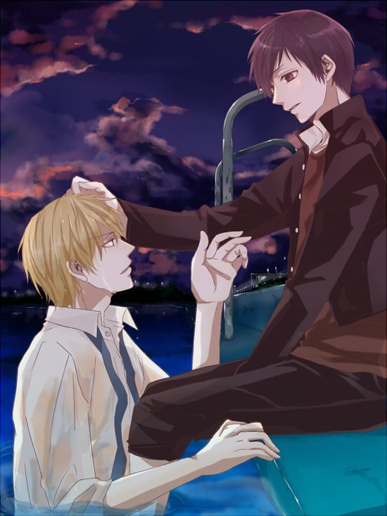bad_id, blonde_hair, brown_eyes, brown_hair, cloud, clouds, durarara!!, hand_on_head
