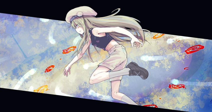 1other, black_tank_top, blonde_hair, blue_eyes, hat, hellsinker, highres, long_hair