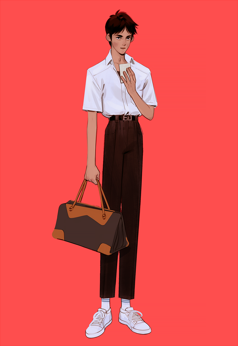 1boy, bag, belt, black_belt, blue_eyes, brown_hair, brown_pants, highres