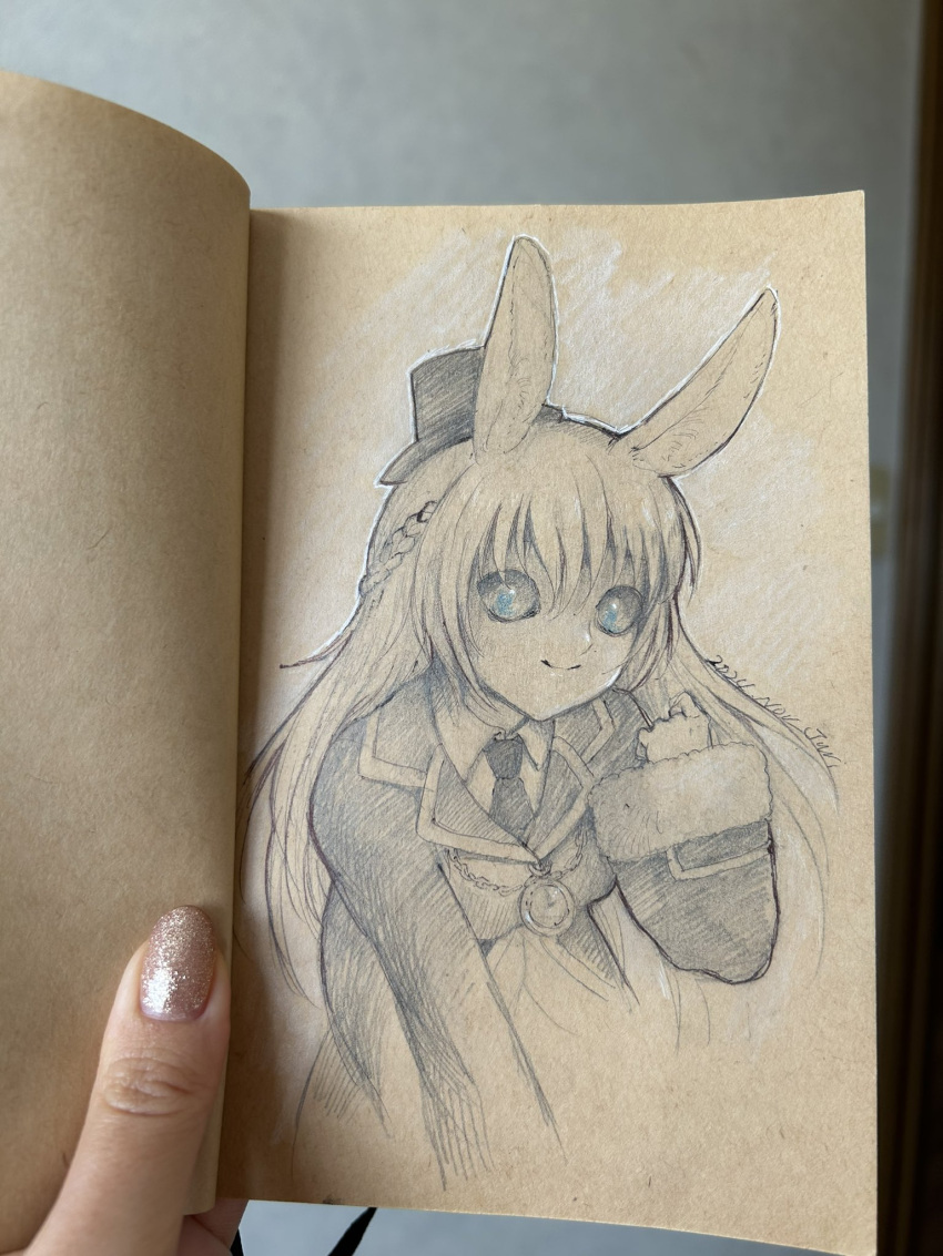 1girl, animal_ears, black_hat, black_necktie, black_sclera, blue_eyes, braid, breasts