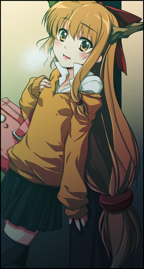 blonde_hair, contemporary, horns, ibuki_suika, long_hair, off_shoulder, orange_hair, plastic_eraser