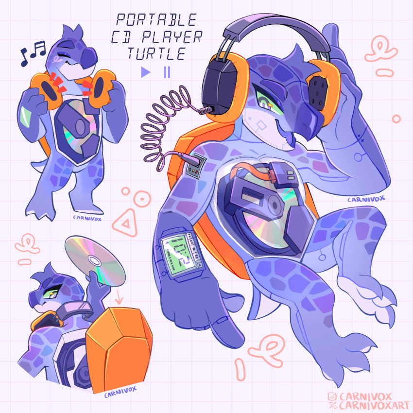 1boy, adoptable, animal_feet, carnivox, cd, cd_player, commentary, cyborg