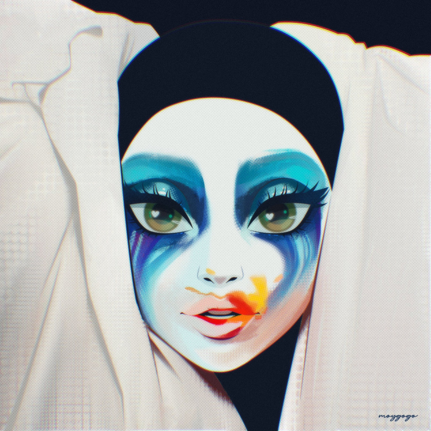 1girl, applause_(lady_gaga), artist_name, commentary, english_commentary, expressionless, facepaint, green_eyes, heart, heart_in_eye, highres, lady_gaga, looking_at_viewer, makeup, moy_gogo, parted_lips, portrait, real_life, skull_cap, solo, symbol_in_eye, teeth