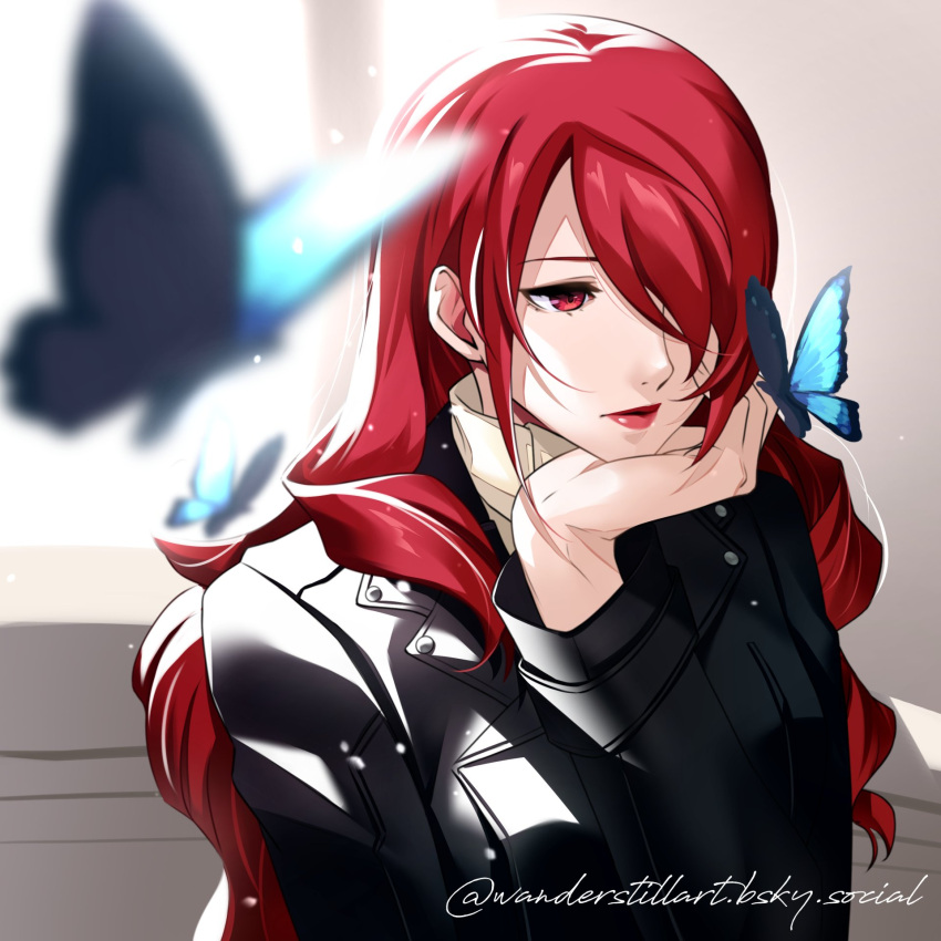 1girl, black_jacket, blue_butterfly, bluesky_username, bug, butterfly, closed_mouth, commentary