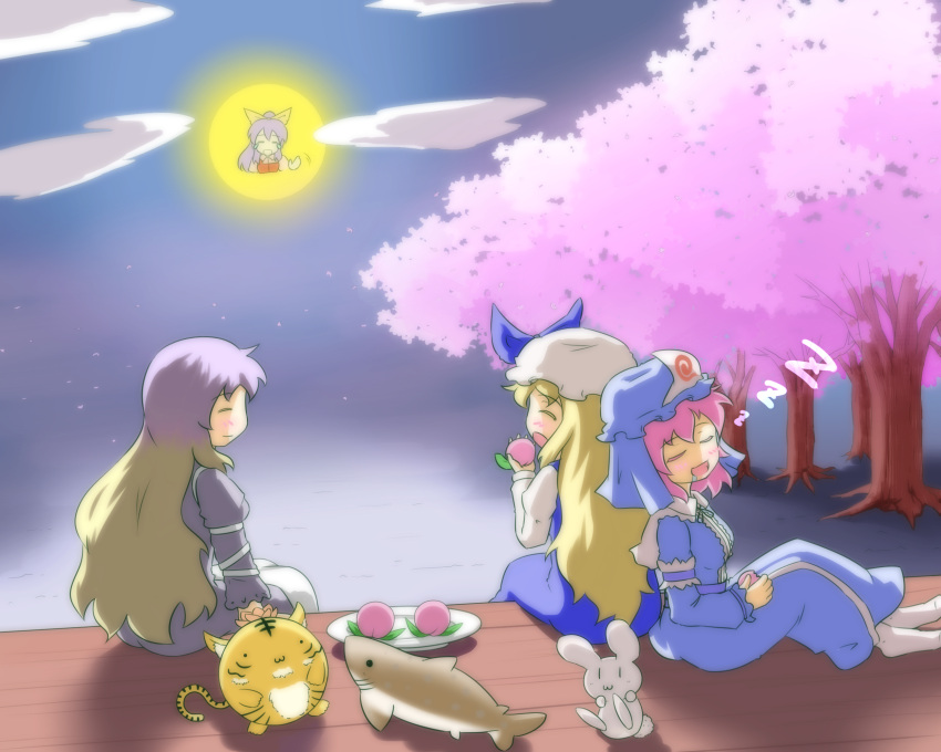blush, bunny, cherry_blossoms, food, fruit, full_moon, hat, highres
