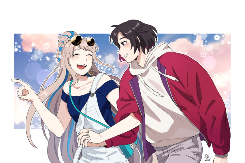 1boy, 1girl, black_hair, blue_shirt, constantine_xi_(event_portrait)_(fate), constantine_xi_(fate), dyeodyeo_(dyumado), earrings