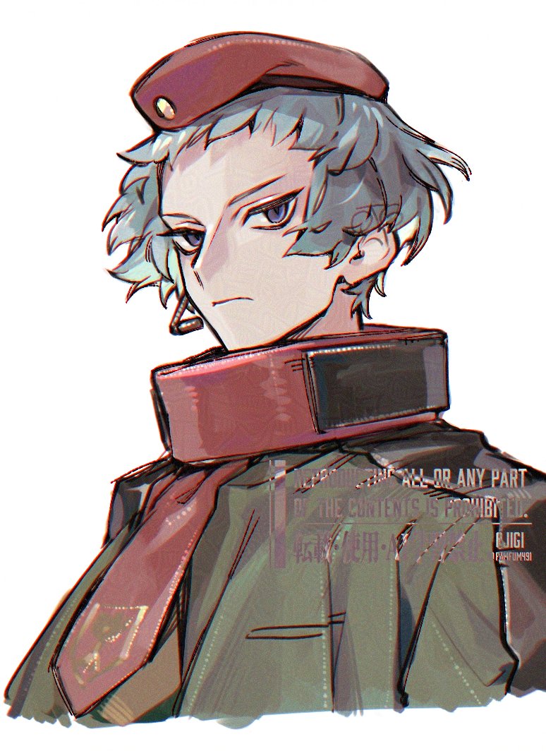 1boy, beret, blue_eyes, fumfum491, green_hair, green_jacket, hat, jacket