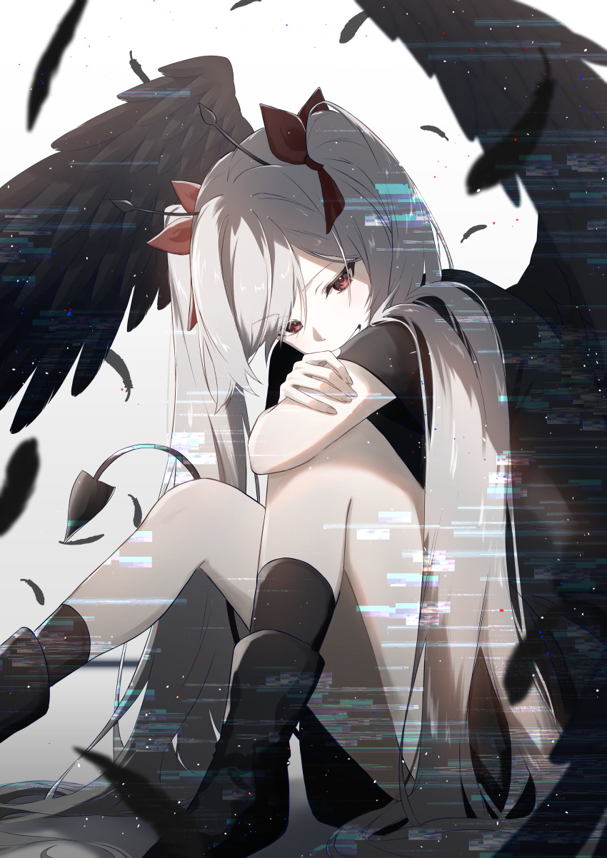 1girl, absurdres, alternate_color, antennae, awai_uta, black_dress, black_feathers, black_footwear