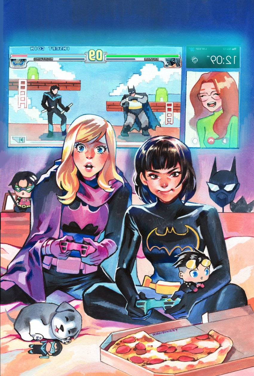 2girls, artist_name, barbara_gordon, batgirl, batgirls, batman, batman_symbol, belt, black_bodysuit, black_gloves, black_hair, blonde_hair, blue_eyes, bodysuit, breasts, brown_eyes, bruce_wayne, cameo, cape, cassandra_cain, closed_eyes, comic_cover, commentary, controller, dc_comics, dick_grayson, dog, domino_mask, english_commentary, food, game_controller, gloves, gouache_(medium), highres, holding, holding_controller, holding_game_controller, kon-el, long_hair, looking_at_viewer, mask, medium_breasts, multiple_girls, nightwing, no_mask, official_art, open_mouth, orange_hair, painting_(medium), pixelated, pizza, playing_games, purple_belt, purple_cape, purple_gloves, rian_gonzales, robin_(dc), short_hair, sitting, stephanie_brown, superboy, superhero_costume, textless_version, tim_drake, traditional_media, watercolor_(medium), yellow_belt