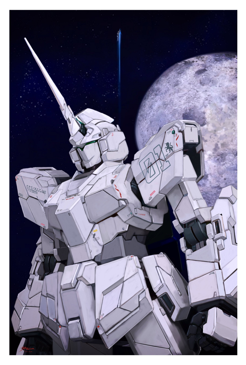 absurdres, arms_at_sides, border, clenched_hands, cowboy_shot, dated, full_moon, green_eyes, gundam, highres, horns, mecha, mecha_focus, mobile_suit, mobile_suit_gundam, moon, night, no_humans, outdoors, robot, science_fiction, signature, single_horn, standing, star_(sky), steven_(sz0097), unicorn_gundam, white_border