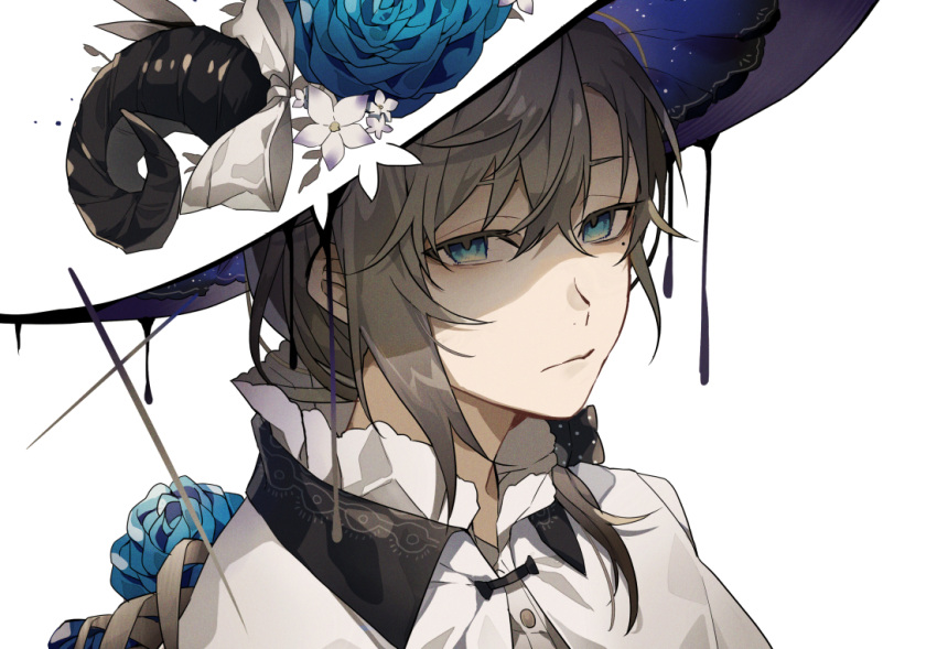 1boy, blending, blue_eyes, blue_flower, blue_rose, bow, brown_hair, capelet