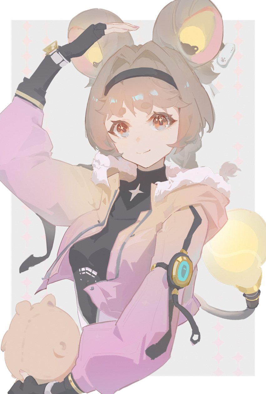 1girl, animal, black_bodysuit, black_gloves, black_headband, bodysuit, braid, breasts, brown_hair, cable, cable_tail, cropped_jacket, fingerless_gloves, fur-trimmed_jacket, fur_trim, gloves, guozhi_jeilcy, hair_intakes, headband, highres, jacket, light_smile, long_sleeves, looking_at_viewer, low_twin_braids, lumi_(wuthering_waves), mechanical_tail, medium_breasts, medium_hair, open_clothes, open_jacket, orange_eyes, pink_jacket, solo, sparkling_eyes, tail, twin_braids, wuthering_waves