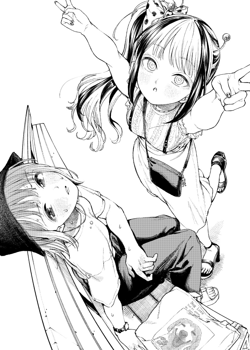 2girls, absurdres, alien, animal_print, antennae, bag, bag_charm, blush, bow, bucket_hat, charm_(object), commentary, dog_print, double_v, facing_up, fisheye, greyscale, hair_bow, hand_on_bench, hat, high_ponytail, high_side_ponytail, highres, leg_up, long_hair, looking_at_viewer, monochrome, morimoto_atsushi, multiple_girls, on_bench, original, pants, polka_dot, polka_dot_bow, ringed_eyes, sandals, shirt, shoulder_bag, side_ponytail, sitting, skirt, standing, sweat, t-shirt, v, watch, watch