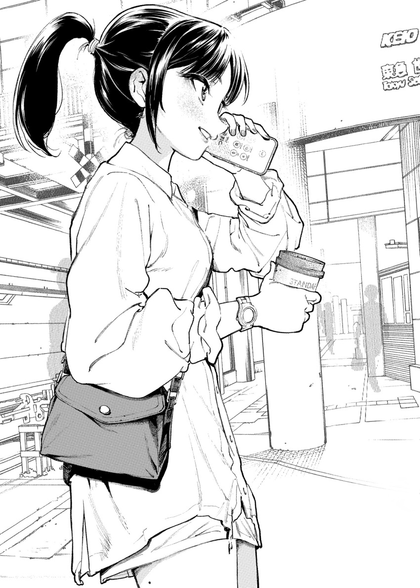 1girl, bag, cellphone, commentary_request, cowboy_shot, cup, disposable_cup, from_side, highres, holding, holding_cup, holding_phone, long_sleeves, looking_to_the_side, morimoto_atsushi, original, outdoors, parted_lips, phone, ponytail, profile, shirt, shorts, shoulder_bag, solo, sweat, talking_on_phone, watch, watch