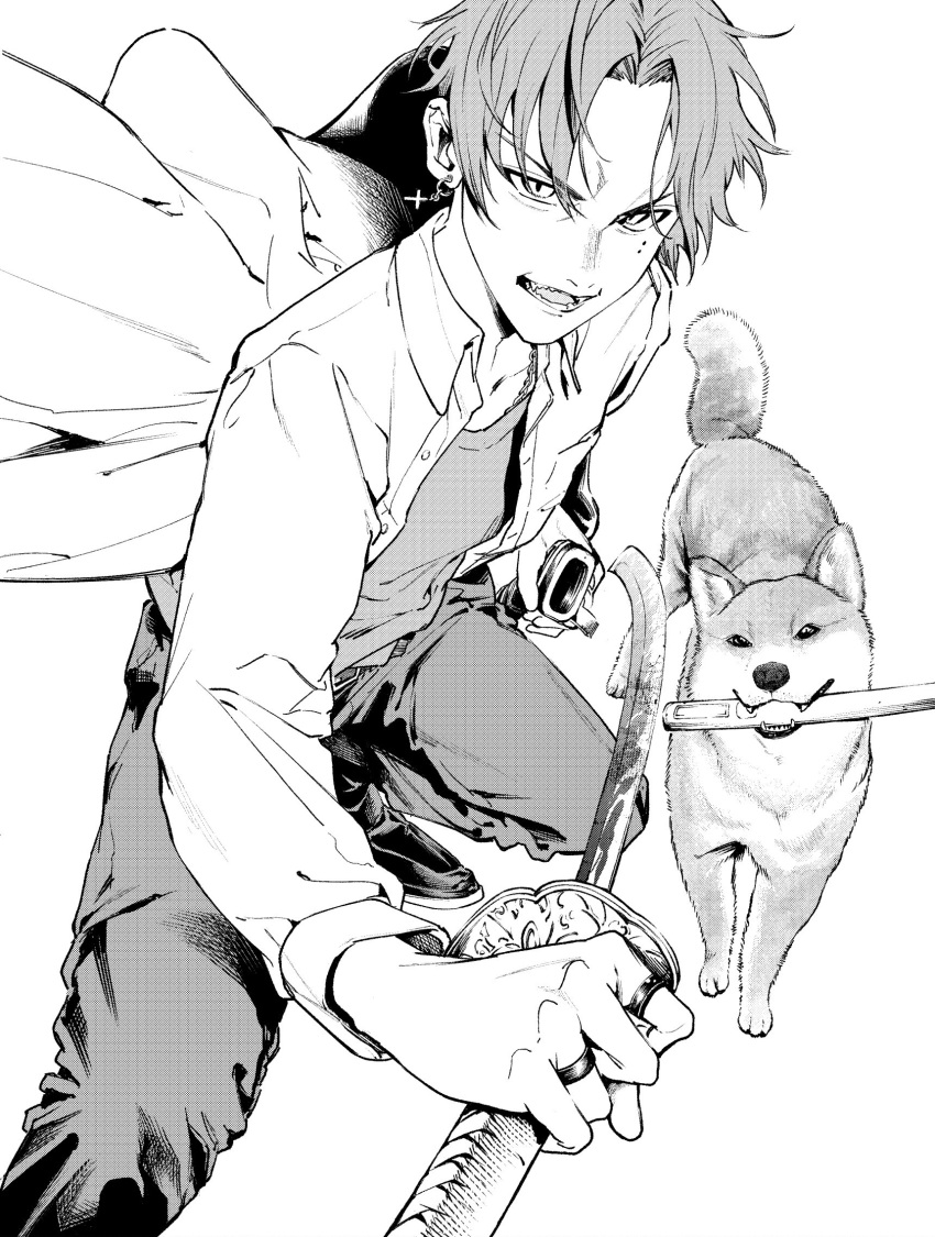 1boy, akita_inu, collared_shirt, commentary_request, cross, cross_earrings, curtained_hair, dog