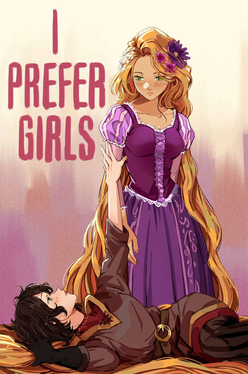 2girls, absurdly_long_hair, absurdres, belt, black_hair, blonde_hair, blush, breasts