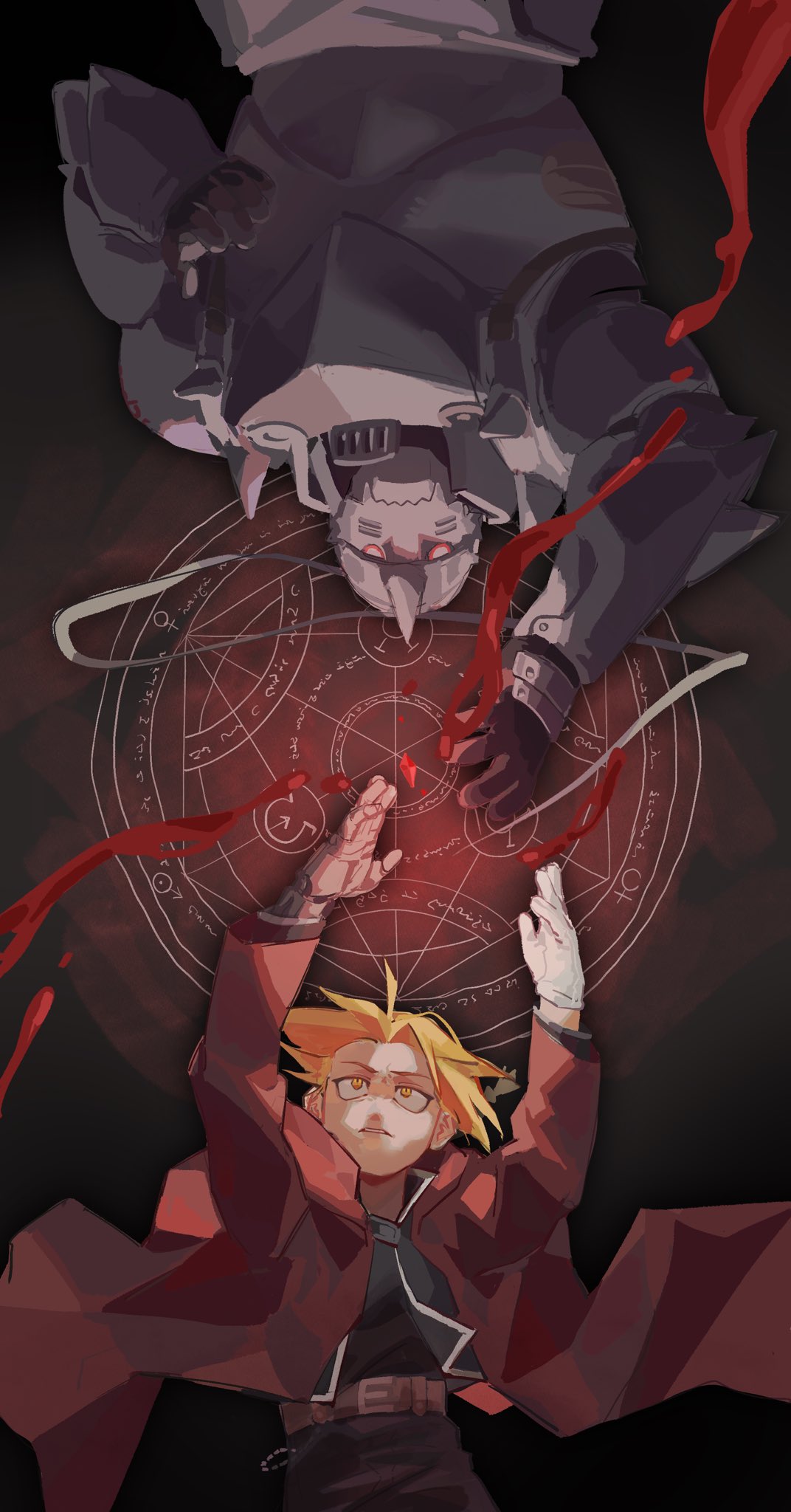 2boys, alphonse_elric, armor, belt, blonde_hair, blood, brothers, coat