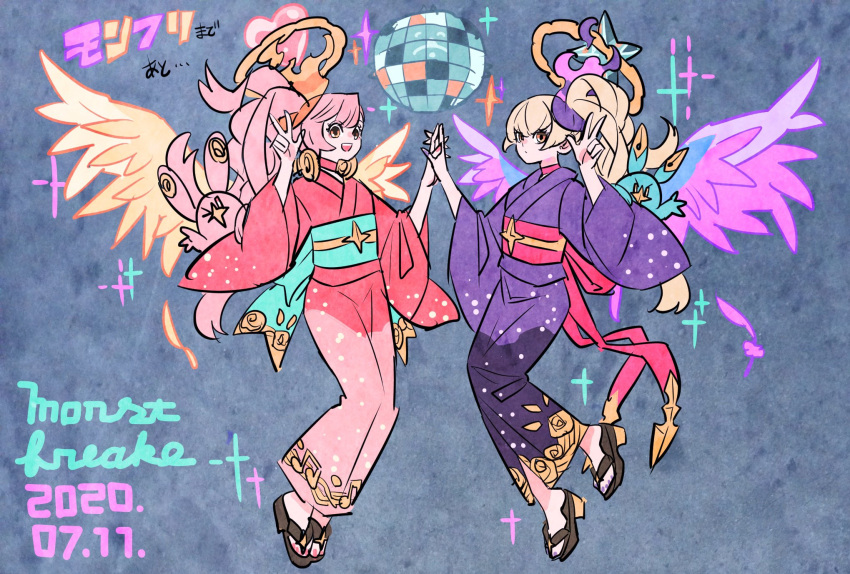 2girls, blonde_hair, commentary_request, creature, disco_ball, falling_feathers, feathers, headphones