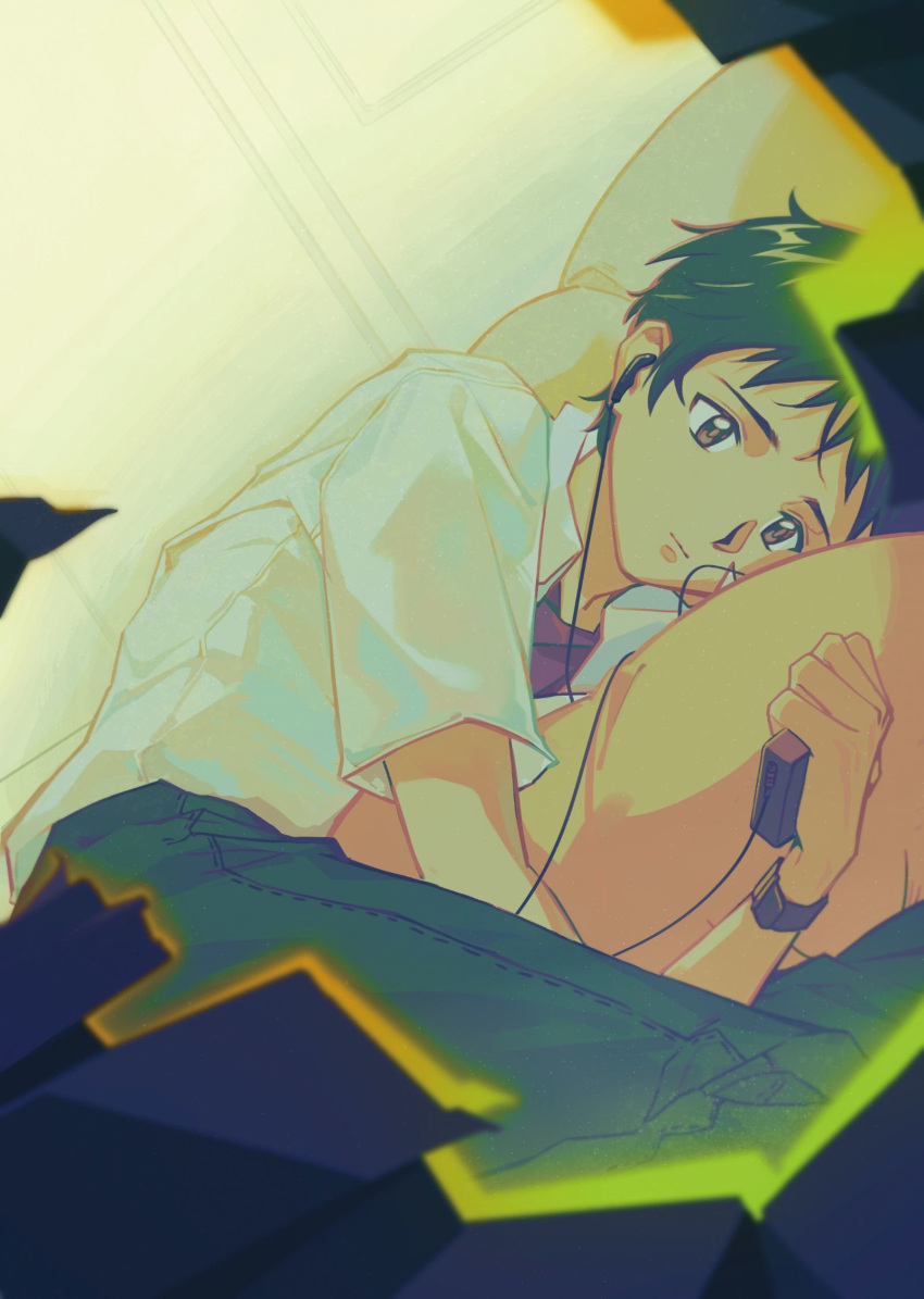 1boy, backlighting, blue_pants, brown_eyes, brown_hair, closed_mouth, earphones, highres