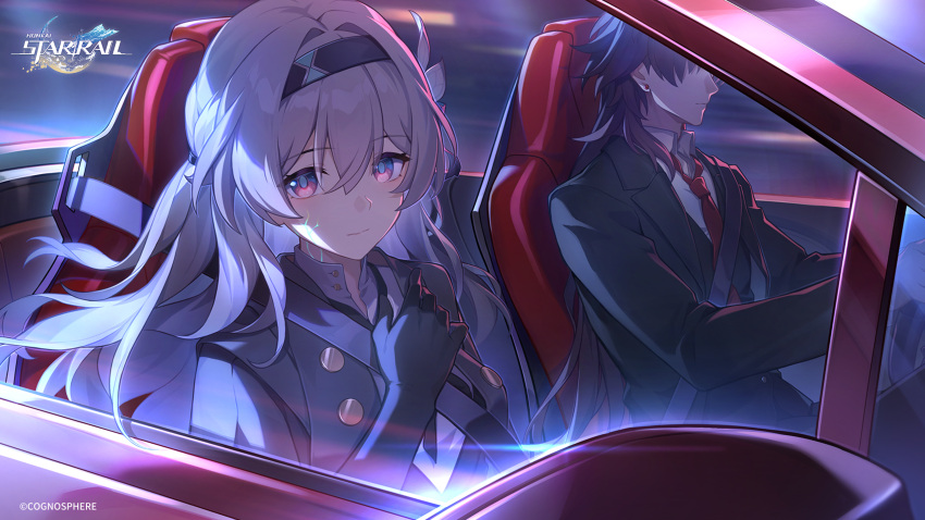 1boy, 1girl, black_hair, black_hairband, black_suit, blade_(honkai:_star_rail), blade_(jepella_rebellion)_(honkai:_star_rail), car