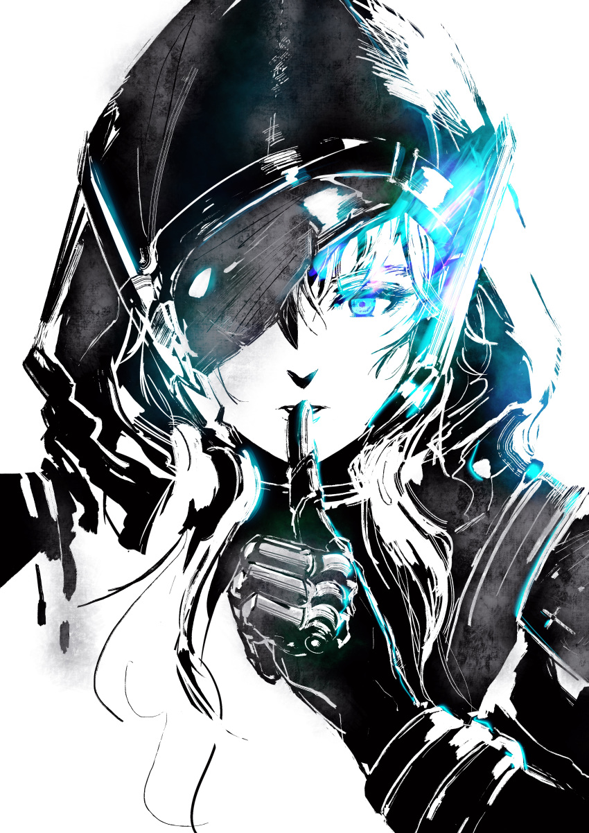 1girl, absurdres, black_gloves, black_hood, black_mask, blue_eyes, blue_light, broken_mask